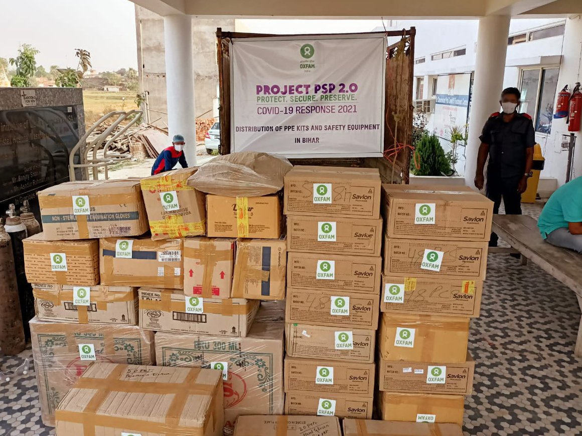 PPE kits, safety and hygiene kits delivered to a COVID-19 hospital in Patna, Bihar state on 1st May 2021. (Photo: Oxfam India)